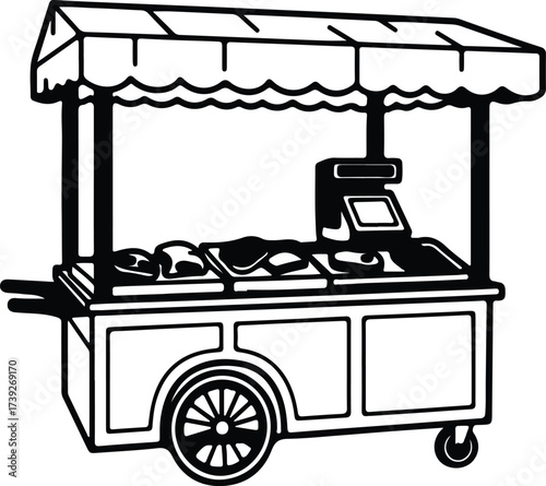 Vector silhouette food stall with canopy and produce illustration