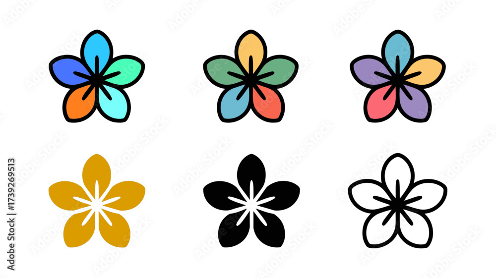 Obraz premium Vector art of collection of six flower icons in various colors, styles, and fill options