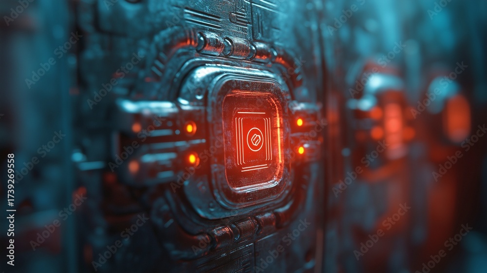 Fototapeta premium A close up view of a futuristic circuit board with red lights illuminating the intricate pathways