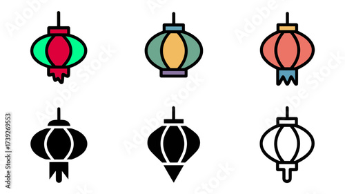 Vector art of collection of six stylized chinese lanterns in various colors and styles