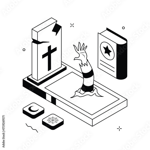 Zombie hand crawling out of grave with tombstone cross, halloween illustration