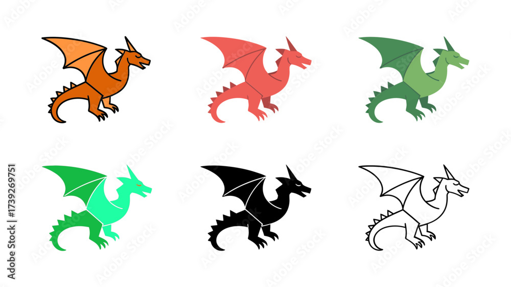 Fototapeta premium Vector art of assortment of six dragon icons, showcasing mythical creatures in vibrant colors, black silhouette, and outline