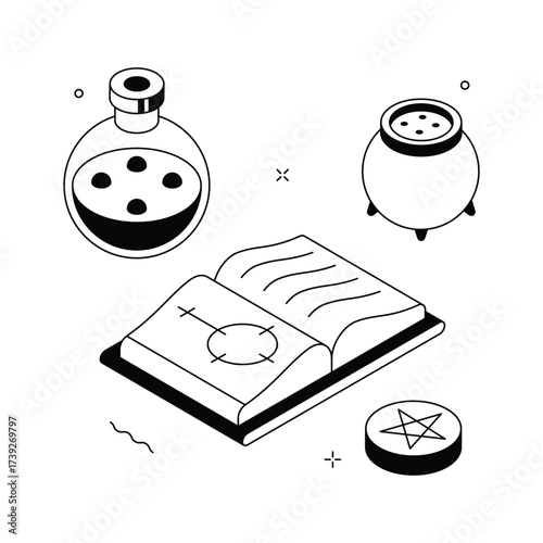 Halloween potion bottle with open magic spell book and cauldron, concept illustration