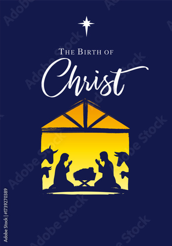 The Birth of Christ Nativity scene with silhouette Holy family and Bethlehem star. Holiday design for Merry Christmas with Jesus in manger, Mary, Joseph and animals. Vector illustration