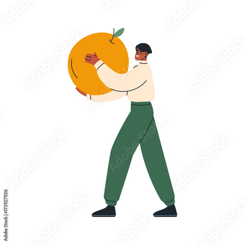 Man with big fruit. Person carrying, holding huge giant orange, fresh tropica...