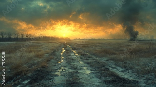 A desolate field with tire tracks leading into the horizon under a dramatic sunset with dark clouds and smoke rising in the distance