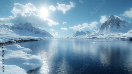 A serene snowy landscape with a calm lake reflecting the bright sun and majestic mountains in the distance under a clear blue sky