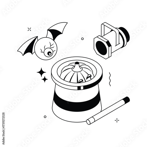 Spooky Halloween pumpkin magic trick with bat and eyeball, premium illustration