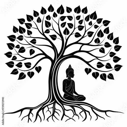 Silhouette of Buddha. Buddha meditating under a Bodhi tree silhouette vector illustration. Spiritual and peaceful Zen concept.