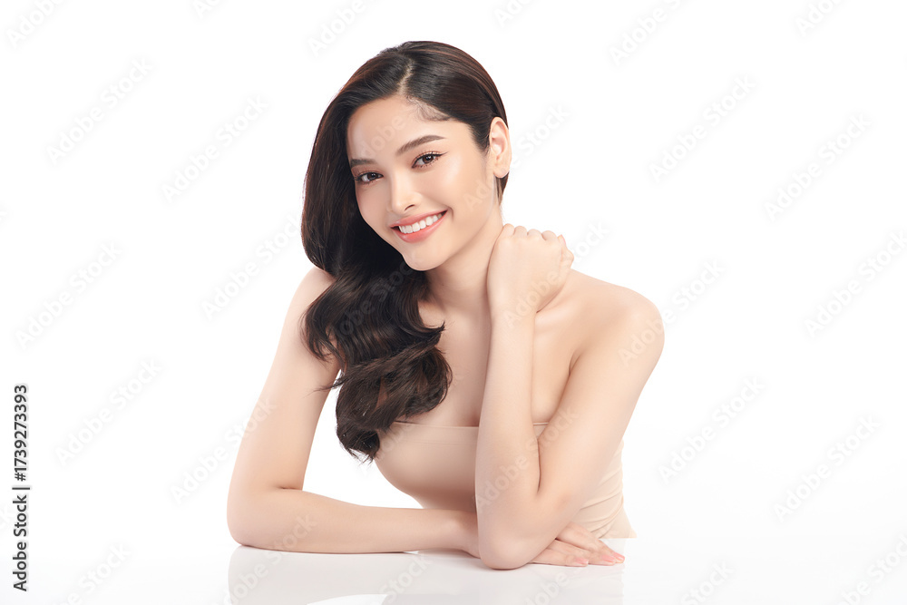 Obraz premium Beautiful Young transgender woman with clean fresh skin on white background, Face care, Facial treatment, Cosmetology, beauty and spa, transgender women portrait.