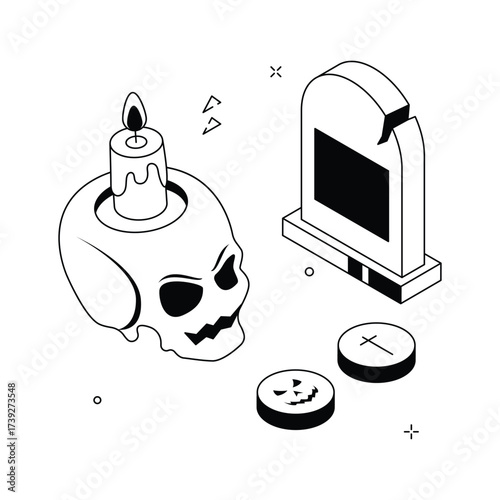 Candlelight on skull and tombstone, concept isometric illustration of spooky graveyard