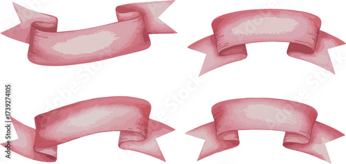 Elegant Crimson Banners: A collection of four elegant crimson banners gracefully unfurls, each exhibiting a delicate watercolor texture that adds a touch of sophistication and artistic flair.