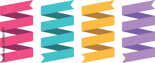 Colorful Ribbon Banner Design: An abstract visual composed of four vibrant ribbon banners, each rendered in a unique hue, ideal for adding a touch of flair to graphic designs and presentations.