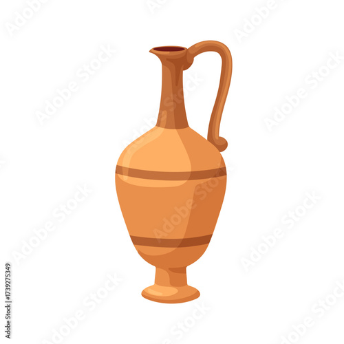 Antique clay jug. Tall ceramic vessel with narrow neck and handle. Classic earthenware, pottery. Historic old pitcher for liquid storage. Flat vector illustration isolated on white background
