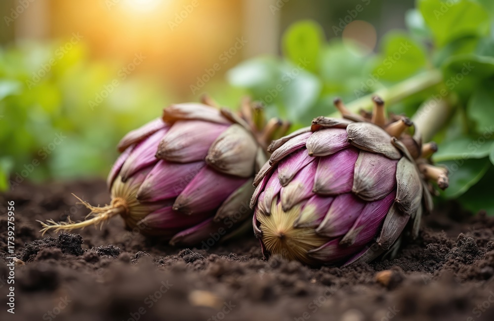 Obraz premium Two ripe purple artichokes rest in dark soil after harvest. Green leaves grow in soft sunlight, hinting at garden cultivation and fresh produce.