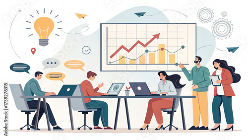 Focused business team in meeting, productive collaboration for workplace growth. Flat illustration showing analysis and teamwork success
