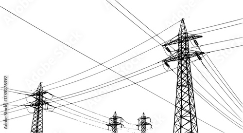 black and white silhouette of Extra High Voltage Lines vector on white background

