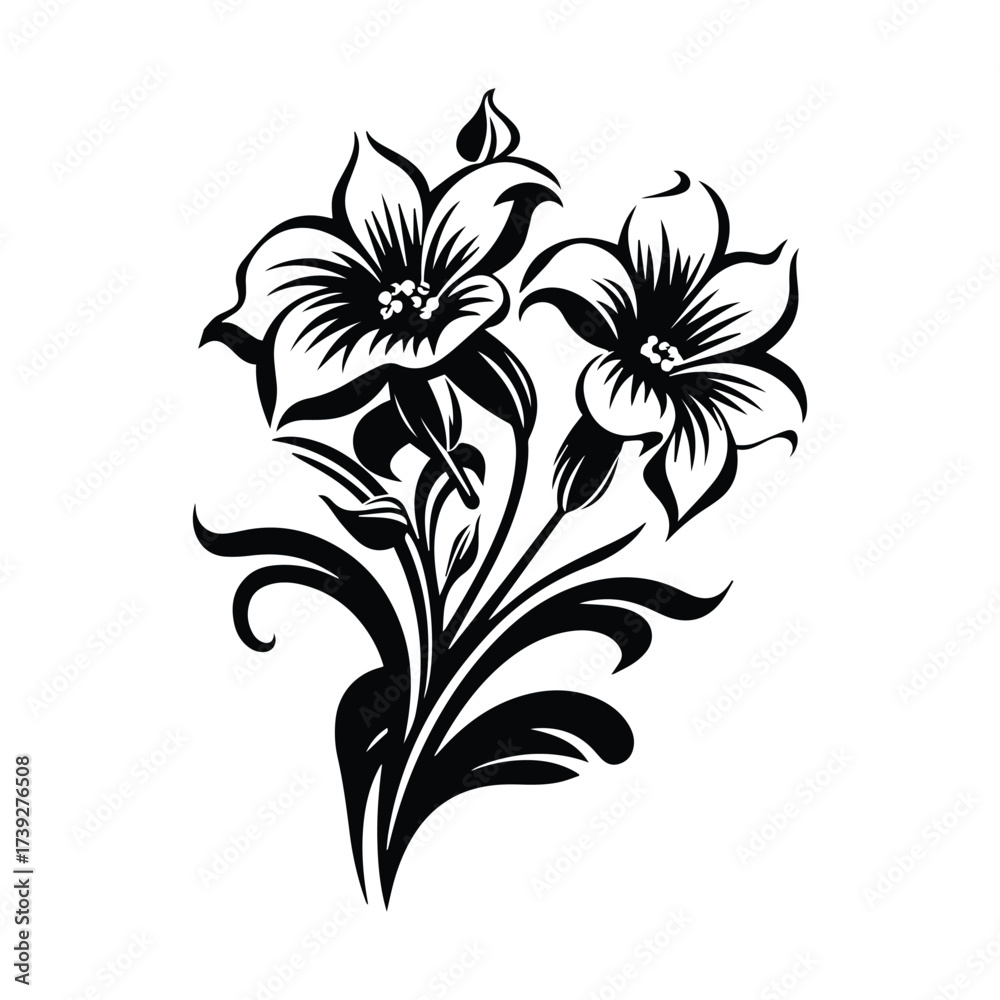 Obraz premium Vintage Black Outline Blooming Floral Vector