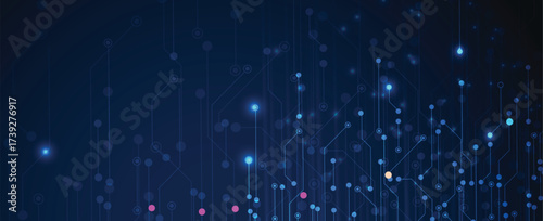 Futuristic science and technology header with interconnected data streams and molecular structures