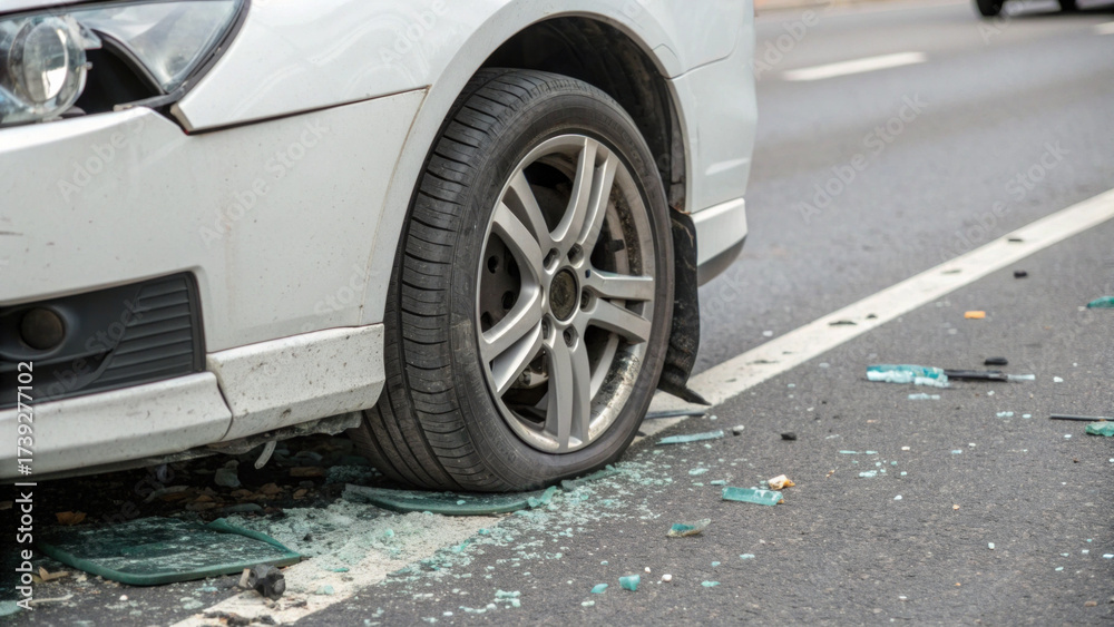 Naklejka premium Stressful close up of car accident damage. flat tire, bent wheel, and broken glass on asphalt road after dangerous vehicle crash