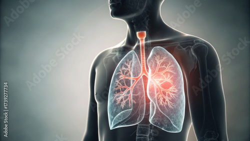 Medical illustration of human lung anatomy showing painful respiratory disease. human torso with focus on science and health condition