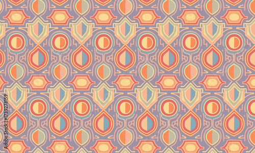 Intricate Art Deco Geometric Seamless Pattern, Ornate Mystical Symbols Background in Purple and Orange