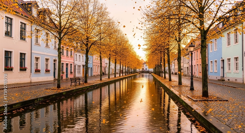 Fototapeta premium Autumn Leaves Falling Along Pastel Canal City