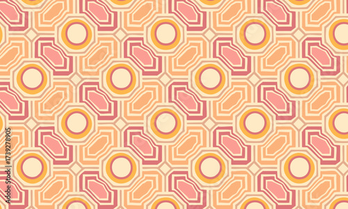 Retro 70s Geometric Tile Seamless Pattern, Vintage Octagon and Circle Background in Warm Colors