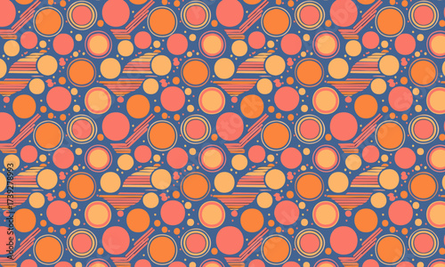 Retro 60s Abstract Circle and Dot Seamless Pattern, Vintage Groovy Geometric Background with Orange and Blue