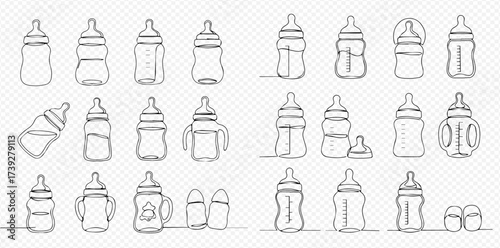 A collection of hand-drawn baby bottles and feeding accessories in various shapes and sizes, depicted in a continuous line art style on a transparent background.