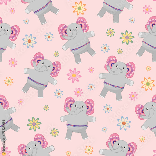 Seamless Pattern with Decorative Elephants and Floral Ornament on Pink Background