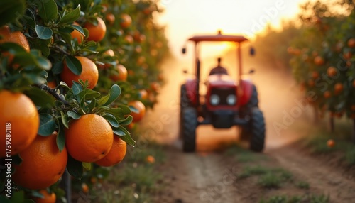 Tractor sprays water on orange orchard. Farmer drives red tractor along rows of orange trees. Trees laden with ripe oranges. Tractor kicks up dust, water droplets. Farmer tends to citrus grove at