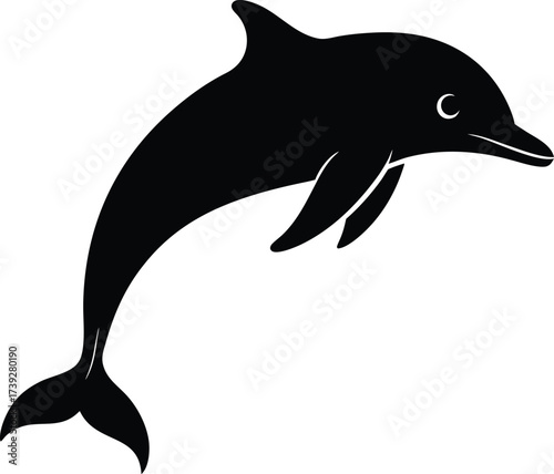 Black silhouette vector illustration of a dolphin swimming in the blue ocean water