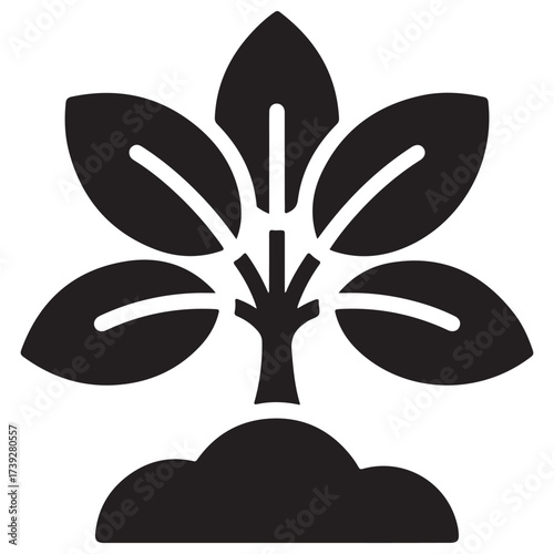 Monochromatic Five-Leaf Plant Growing from Earth Icon