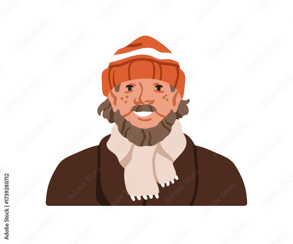Obraz premium Old man, head portrait. Senior elder aged male with beard, mustache, in beanie hat and scarf. Happy smiling person, unkempt wrinkled face. Flat vector illustration isolated on white background