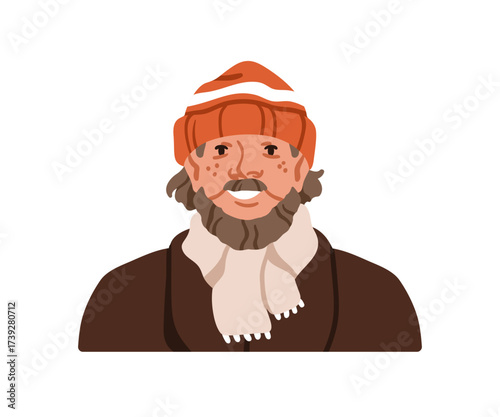 Old man, head portrait. Senior elder aged male with beard, mustache, in beanie hat and scarf. Happy smiling person, unkempt wrinkled face. Flat vector illustration isolated on white background