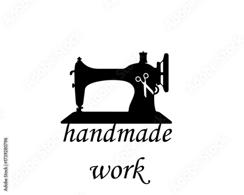 hand-made text, sewing machine logo, icon, illustration,