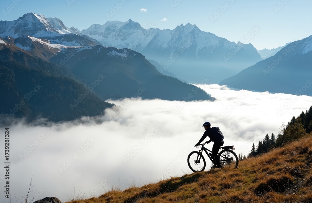 Fototapeta premium Silhouette of man riding mountain bike on hill. Mountains with snow, blue sky are on background. Cyclist enjoy bike ride above clouds in valley outdoor sport travel.