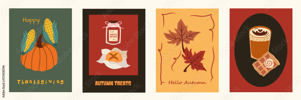 custom made wallpaper toronto digitalAutumn season minimalist cards with maple leaves, pumpkins, coffee. Whimsical cafe wall art, poster, cover, banner, card, flyer. Creative design templates ads, web, label, branding, social media.