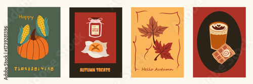 Autumn season minimalist cards with maple leaves, pumpkins, coffee. Whimsical cafe wall art, poster, cover, banner, card, flyer. Creative design templates ads, web, label, branding, social media.