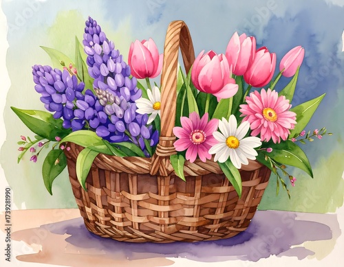Watercolor basket of spring flowers