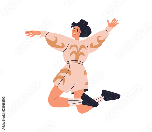 Happy woman jumping with arms up, flying in air with excited emotion, expression. Energetic active free female character smiling in carefree pose. Flat vector illustration isolated on white background