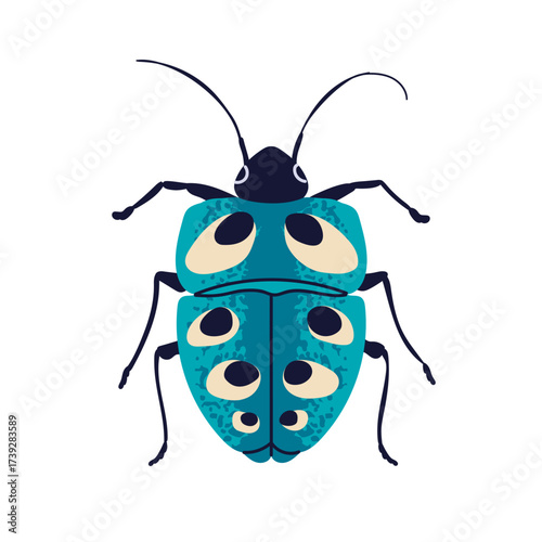 Beetle with spots pattern, antennae, top view. Fiction fantastic bug, spotty wings. garden insect, small wild animal, abstract fauna species. Flat vector illustration isolated on white background