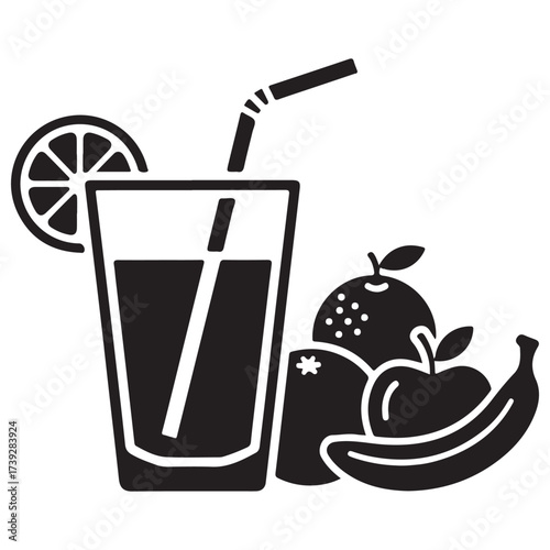 Refreshing Juice Glass with Straw, Lemon Slice, and Assorted Healthy Fruits