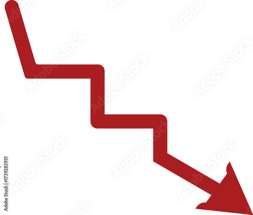 Red downward trending arrow graph isolated on transparent background symbolizing financial crisis, stock market crash, economic recession, or business decline