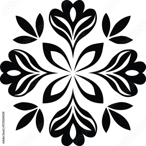 Black and white symmetrical floral pattern with petal shapes