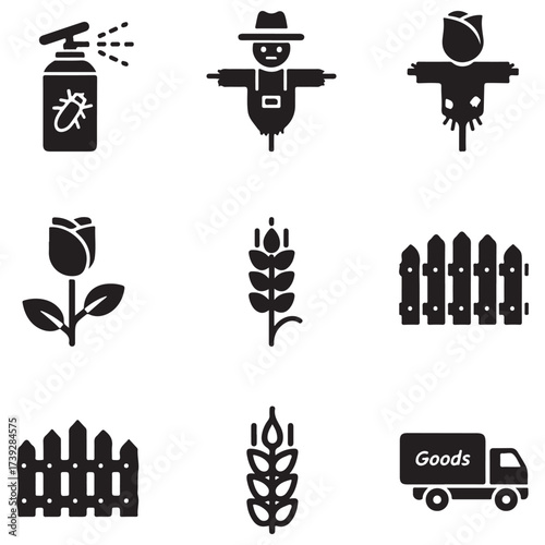 Collection of Agriculture and Farming Icons with Plants, Scarecrows, Pest Control, Fences, and Delivery