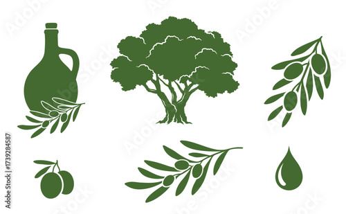 Set olive branches, tree and jug design elements