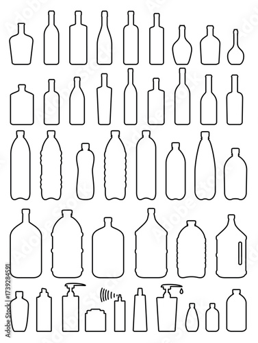 Line set of glass, plastic and cosmetic wine beer bottle