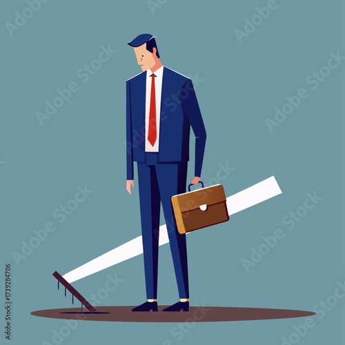 Businessman Facing Business Instability: Saw Cutting Ground From Under His Feet